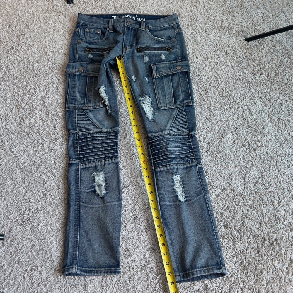 Trill Nation Mens 30x30 Moto Biker Cargo Jeans Distressed Blue Denim Ribbed Knee - Picture 8 of 13